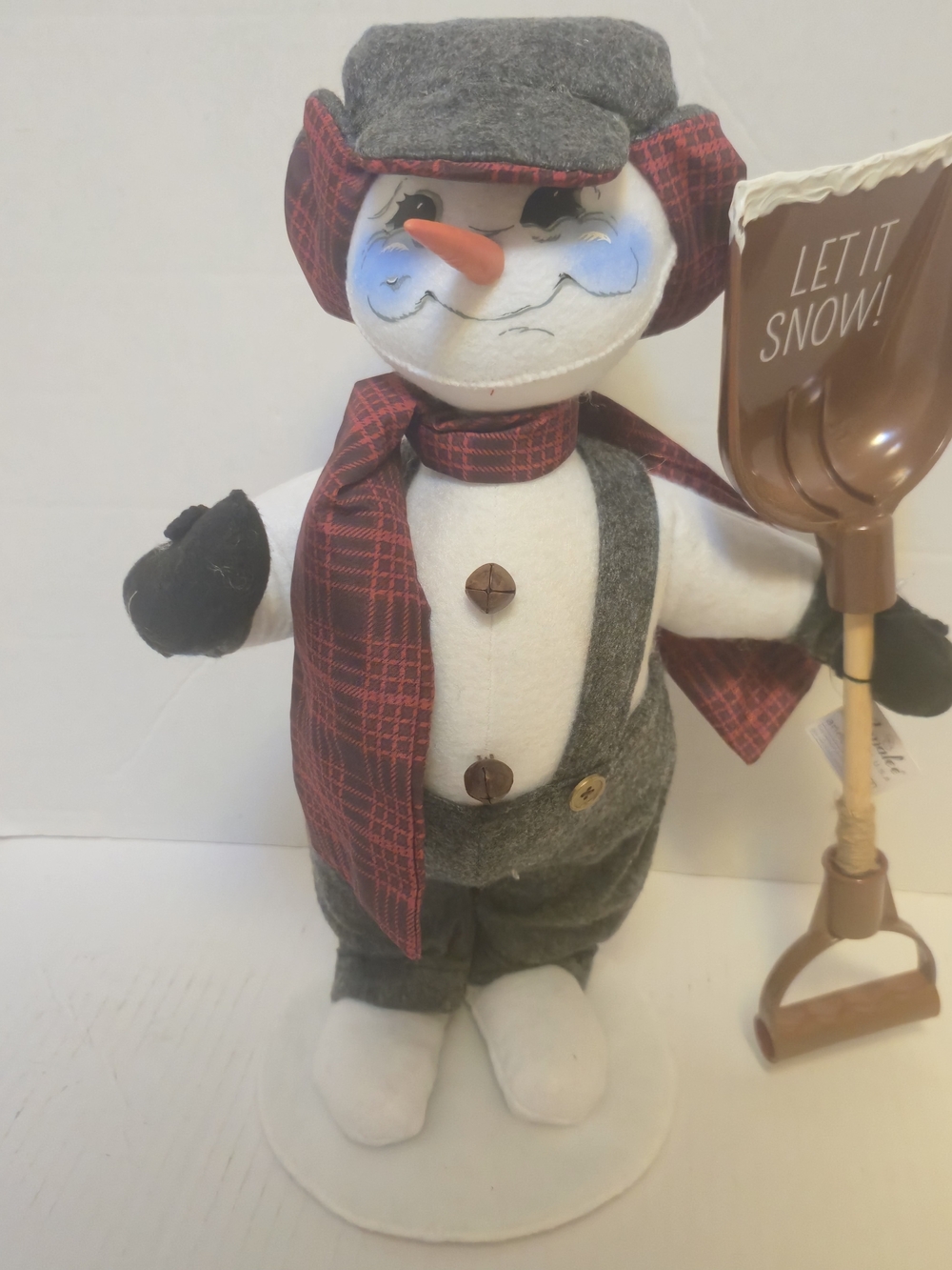 Annalee Red Plaid & Gray Snowman with 'Let It Snow' Shovel